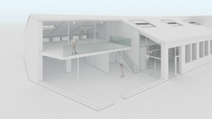 Visualisierung Renovierung Interieur mit industriellem Charakter, Schnitt durch das Gebäude