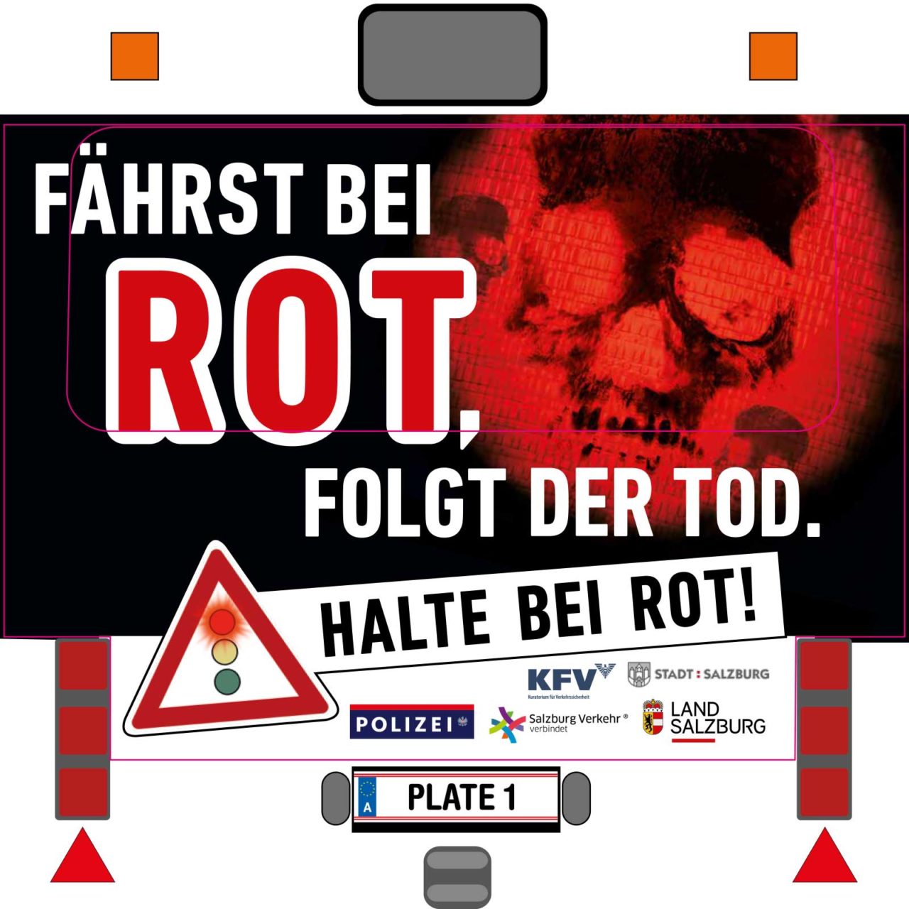 Verkehrssicherheitskampagne des Landes Salzburg 2018: Busheck-Kleber "Halte bei Rot"