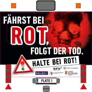 Verkehrssicherheitskampagne des Landes Salzburg 2018: Busheck-Kleber "Halte bei Rot"