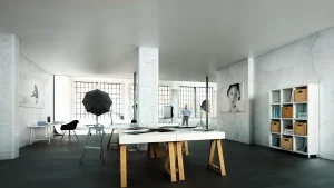 Visualisierung Renovierung Interieur mit industriellem Charakter, Arbeitsplätze im Erdgeschoss