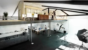 Visualisierung Renovierung Interieur mit industriellem Charakter, Gesamtübersicht der 2 funktionellen Etagen, Fotostudio und Wohnbereich