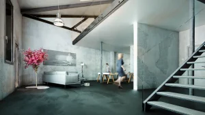 Visualisierung Renovierung Interieur mit industriellem Charakter, Eingangsbereich mit einer Treppe in den 1. Stock / Wohnbereich