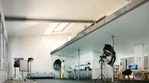 Visualisierung Renovierung Interieur mit industriellem Charakter, Fotostudio im Erdgeschoss