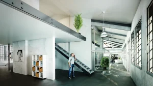Visualisierung Renovierung Interieur mit industriellem Charakter, Eingangsbereich mit einer Treppe in den 1. Stock / Wohnbereich