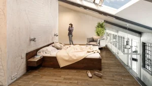Visualisierung Renovierung Interieur mit industriellem Charakter, Schlafzimmer