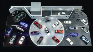 Grundriss des BMW Messestandes auf der Vienna Autoshow 2020. In der Mitte sind mehrere Fahrzeuge im Kreis angeordnet. Links und rechts sind ebenfalls mehrere Fahrzeuge ausgestellt. Am oberen Rand befindet sich ein Closed Room und ein Lagerraum.