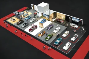 Auf der Messe Vienna Auto Show 2018 sind mehrere BMW Modelle unter hellen Lichtern ausgestellt, und die Menschen gehen umher, um die Fahrzeuge zu beobachten.