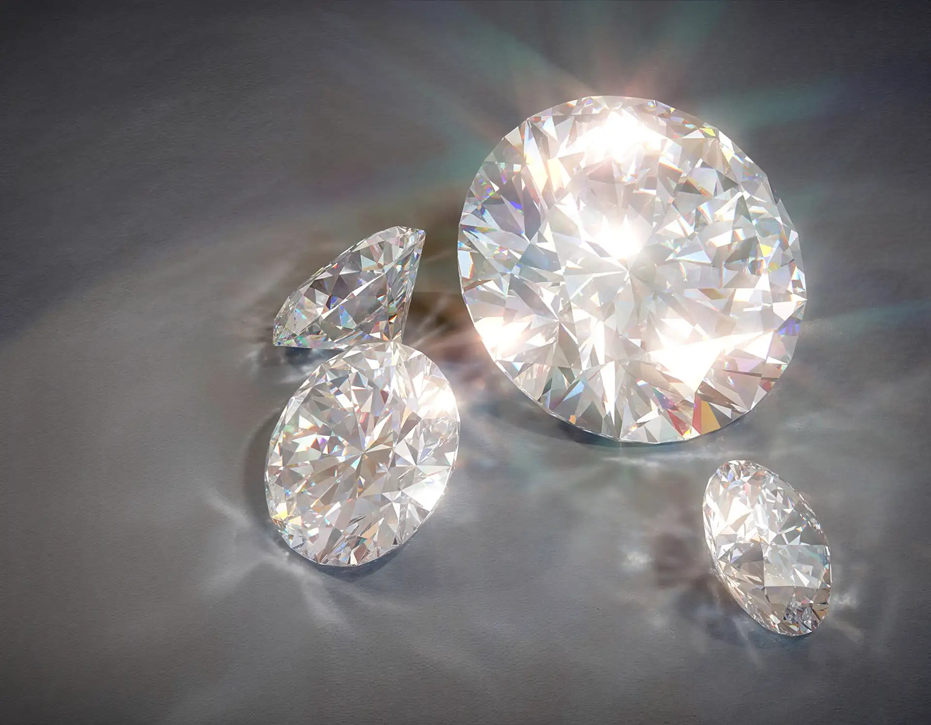 3D Rendering von Diamanten mit intensiver Lichtbrechung und Farbmuster