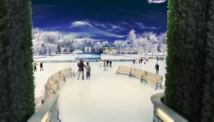Winterlandschaft mit dem Schloss Hellbrunn im Hintergrund. Vielen Menschen laufen Schlittschuh auf einem Teich. Links und rechts am Bildrand sind Tujen.