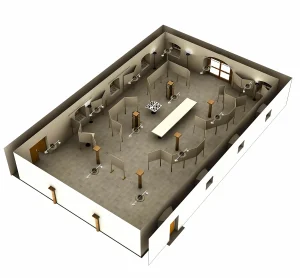 Raumplan einer Kunstausstellung im Säulenfoyer des Schauspielhauses in Salzburg. Im Raum mit Säulen stehen Wände und Tische auf denen die Kunstwerke präsentiert werden.