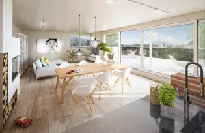 VRANKOVINA Visualisierung Wohnzimmer Interieur mit Ausblick auf den Untersberg