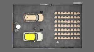 MINI Electric Produktpräsentation: Grundriss und Sitzplan des Indoor-Showrooms und Schulungsbereichs