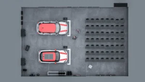 MINI John Cooper Works Produktpräsentation: Grundriss und Sitzplan des Indoor-Showrooms und Schulungsbereichs