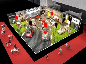 MINI auf Vienna Autoshow 2018 Messestand, Vogelperspektive, Portal mit Text "John Cooper Works, Mini Thrill maximized", MINI Countryman rechts