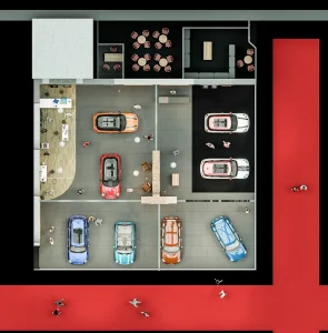 Grundriss der MINI Ausstellungsfläche auf der Vienna Autoshow 2017, einem Besprechungsbereich am oberen Bildrand sowie Closed Room rechts oben. Ein roter Bodenbelag umgibt Ausstellungsfläche.