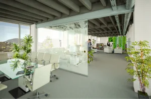 Visualisierung PRISMA Competence Park Stadwerke Areal Salzburg: Büro im Hochhaus mit grauem Teppichboden