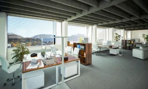 Visualisierung PRISMA Competence Park Stadwerke Areal Salzburg: Büro im Hochhaus mit grauem Teppichboden
