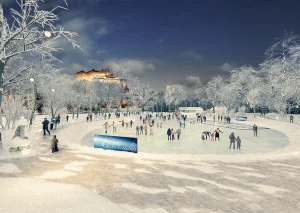 Winterlandschaft mit der Festung Hohen Salzburg im Hintergrund. Vielen Menschen laufen Schlittschuh auf einem Teich. Im Vordergrund ist ein blauer Transparent mit der Aufschrift Eiszauber