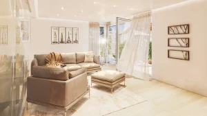 Immobilienvisualisierung für SR Immobilien, Wohnzimmer mit einem Ledersofa, Blick Richtung Terrasse und Garten