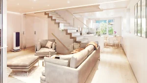 Immobilienvisualisierung für SR Immobilien, Wohnzimmer mit einem Ledersitzgarnitur, Blick Richtung Küche