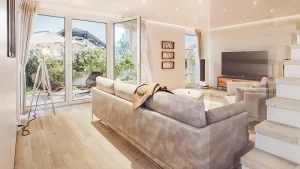 Immobilienvisualisierung für SR Immobilien, Wohnzimmer mit einem Ledersofa, Blick Richtung Terrasse und Garten