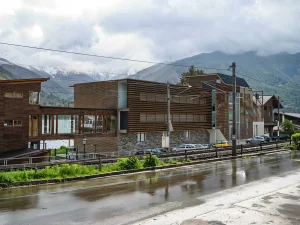 Visualisierung Umbau und Renovierung der Seevilla Freiberg in Zell am See, Außenansicht mit Holzlammellenfassade, Straßenseite