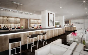 Visualisierung Umbau und Renovierung der Seevilla Freiberg in Zell am See, Bar mit Rezeption.