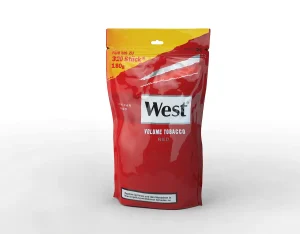 Produktabbildung eine Tabakverpackung in einem Plastik-Zip Bag der Marke West in Rot