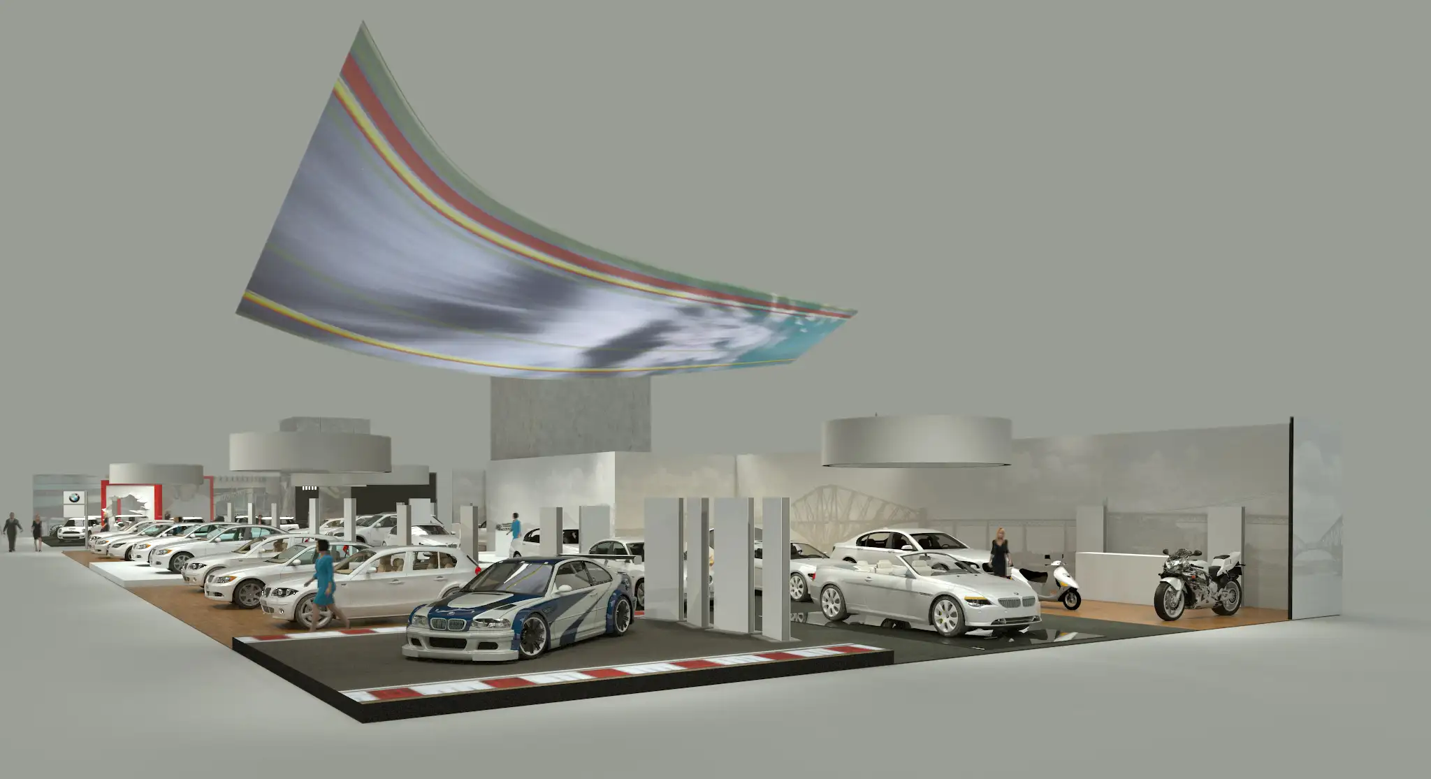 BMW Messestand auf der Vienna Autoshow mit einem BMW DTM Rennwangen im Vordergrund. Auf dem Messestand sind weitere BMW Modelle ausgestellt. Über den Fahrzeugen und dahinter sind Großprints aufgestellt. Menschen gehen zwischen dem Autos herum. Bild ist vor der AI Optimierung.