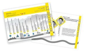 Flyer zum 11 Jahre Jubiläum der Kolator ZT GmbH. Auf der Vorderseite sind jeweils die Meilensteine mit einem Bergpanorama von Salzburg dargestellt. Das Logo und die Adresse sind auf einem knall gelben Hintergrund. Auf der Rückseite sind die Fotos des Teams und Begleittext