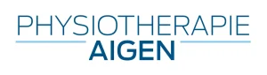 Physiotherapie Aigen - Logo mit dem Text in Blau zentriert untereinander gesetzt und mit einer horizontalen Linie getrennt