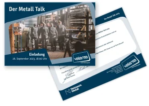 Valenta Metall Einladung zur Veranstaltung Der Metall Talk mit dem Text Einladung, 28. September 2023, 18:00 Uhr und das Valenta Metall Logo. Fotomotiv sind Valenta Mitarbeiter bei einer Besprechung. Die Rückseite enthält genaue Informationen.