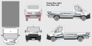 Valenta Metall Fahrzeugbranding Layout am Beispiel eines Pritschenwagens. Claim "macht Metall genial", Logo und Leistungen sowie die Webadresse valenta.at