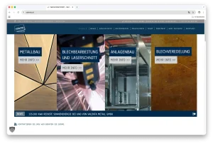 Screenshot der Valenta Metall Webseite. Hier ist das Menü und die Intro-Animation mit den jeweiligen Leistungen zu sehen.