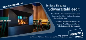 Valenta Metall Anzeige mit dem Motiv eines Kamins verkleidet mit Schwarzstahl in einem Restaurant.