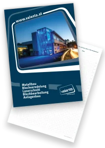 Valenta Metall Schreibblock mit einem Foto des Betriebsgebäudes in der Nacht in Schwarzlichtbeläuchtung auf blauem Hintergrund mit den Leistungen und Logo und einem Innenblatt mit Raster und Maßstab.