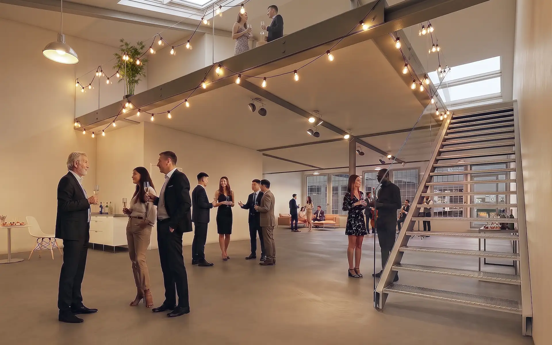 Opening Party in einem modernen Büro, Abend, warmes Licht, Menschen feiern und diskutieren