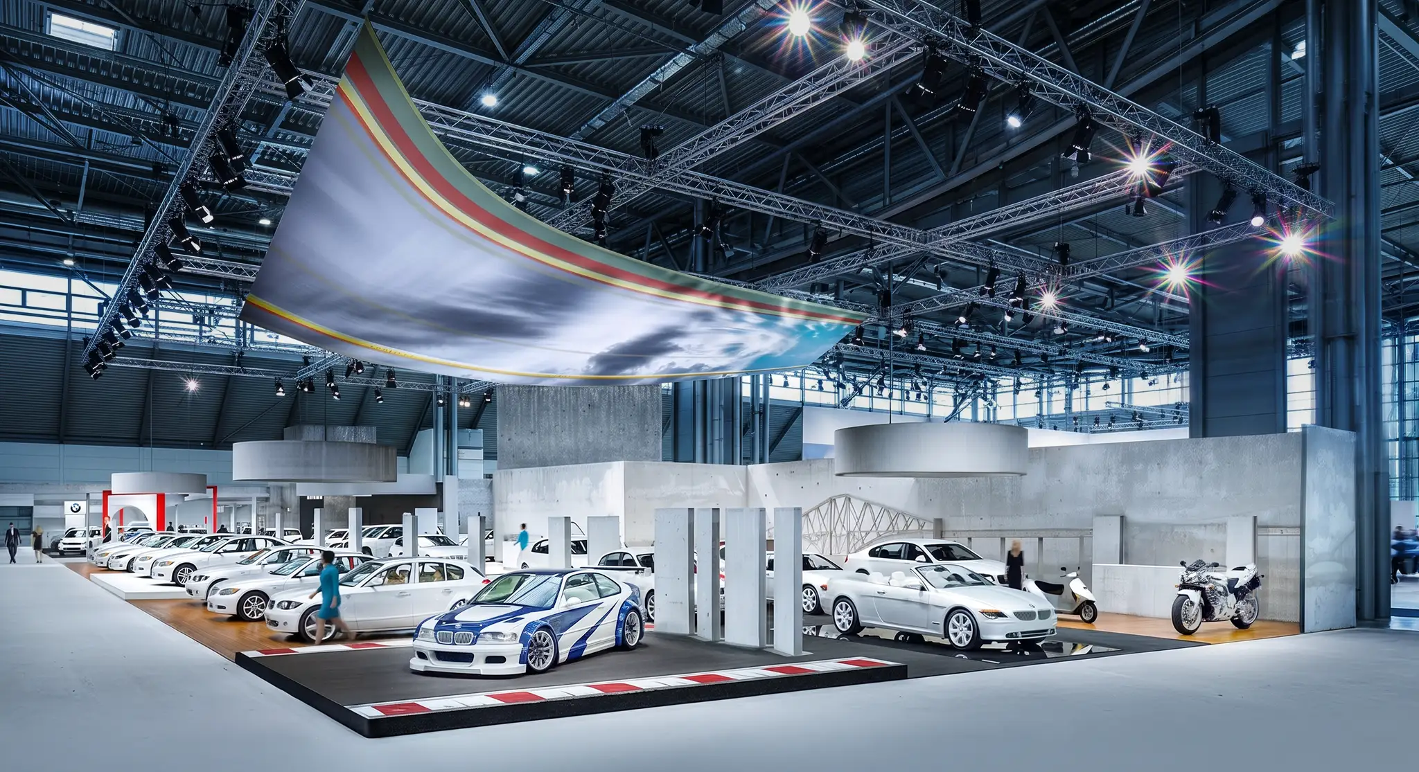BMW Messestand auf der Vienna Autoshow mit einem BMW DTM Rennwangen im Vordergrund. Auf dem Messestand sind weitere BMW Modelle ausgestellt. Über den Fahrzeugen und dahinter sind Großprints aufgestellt. Menschen gehen zwischen dem Autos herum. Bild ist nach der AI Optimierung.